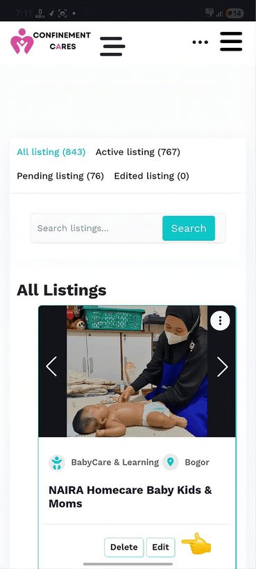 Listings overview with Edit option